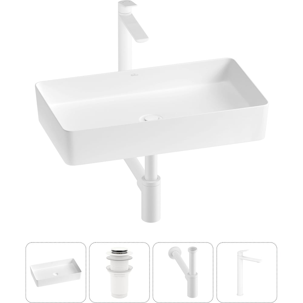 Изображение товара Набор раковина Wellsee FreeDom 2.0 60x34 см с сифоном и смесителем белый фарфор