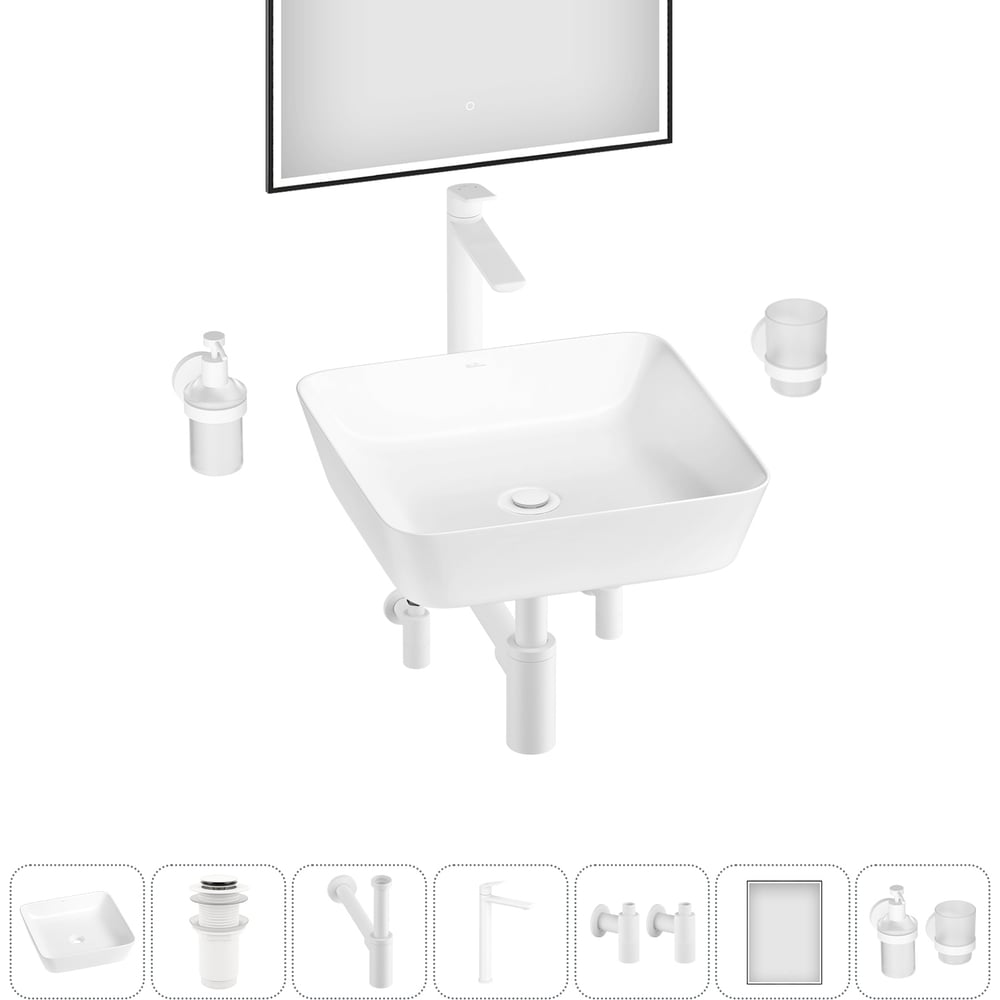 Изображение товара Набор Wellsee 7 в 1 Cromulent накладная раковина 44x44 см белый фарфор