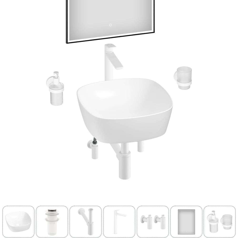 Изображение товара Набор накладной умывальник Wellsee 7 в 1 Ground Breaking 40x40 см белый