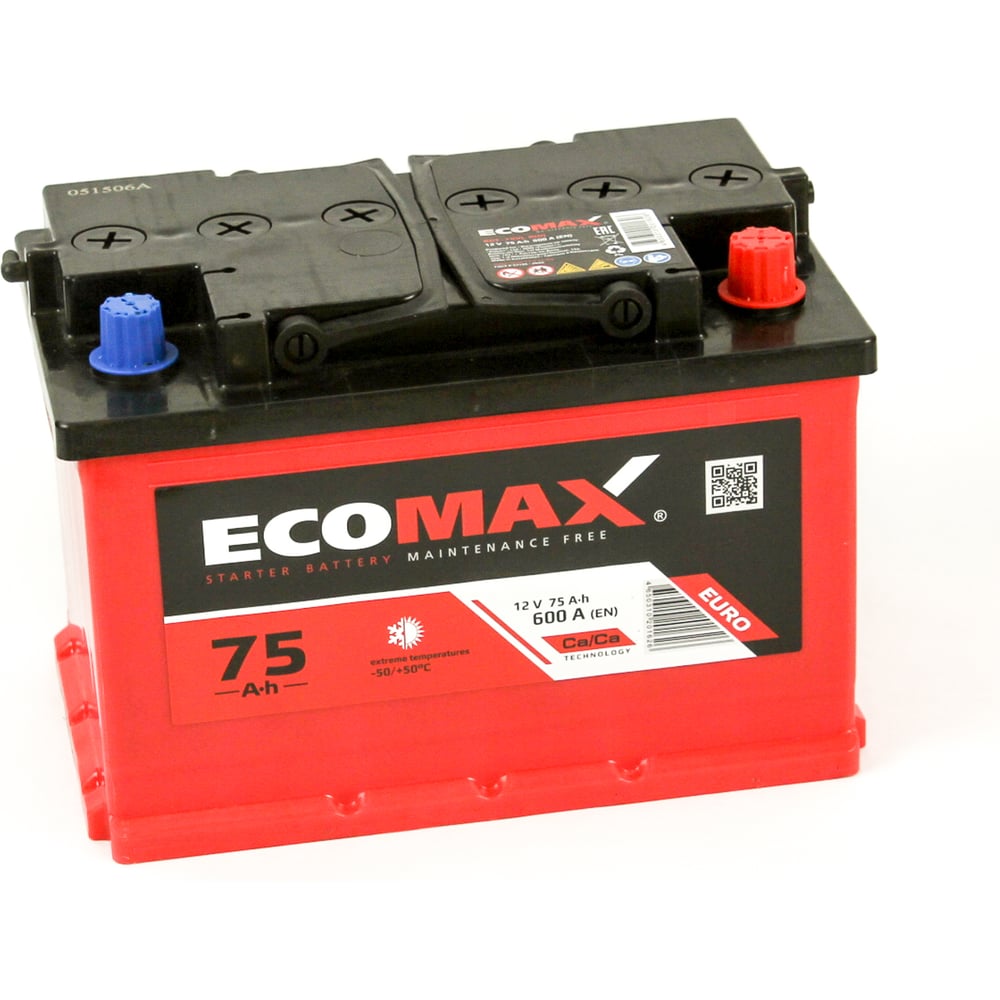 Изображение товара Аккумулятор EcoMax 6СТ-75.0 12 В 75 Ач кальциевый WET стандартные клеммы