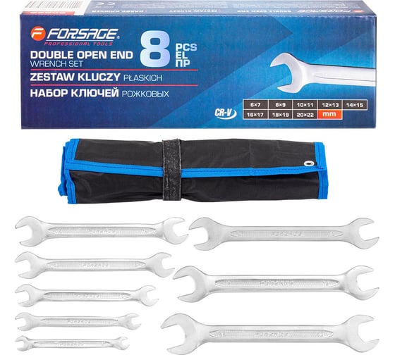 Изображение товара Ключи рожковые Forsage набор 8 предметов (6х7, 8х9, 10х11, 12х13, 14х15, 16х17, 18х19, 20х22мм) F-5089P(65655)