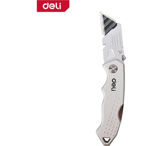 Изображение товара Строительный складной нож Deli с Т-образным лезвием DL008Z в комплекте 4 лезвия, сталь SK5, корпус из цинкового сплава 179577