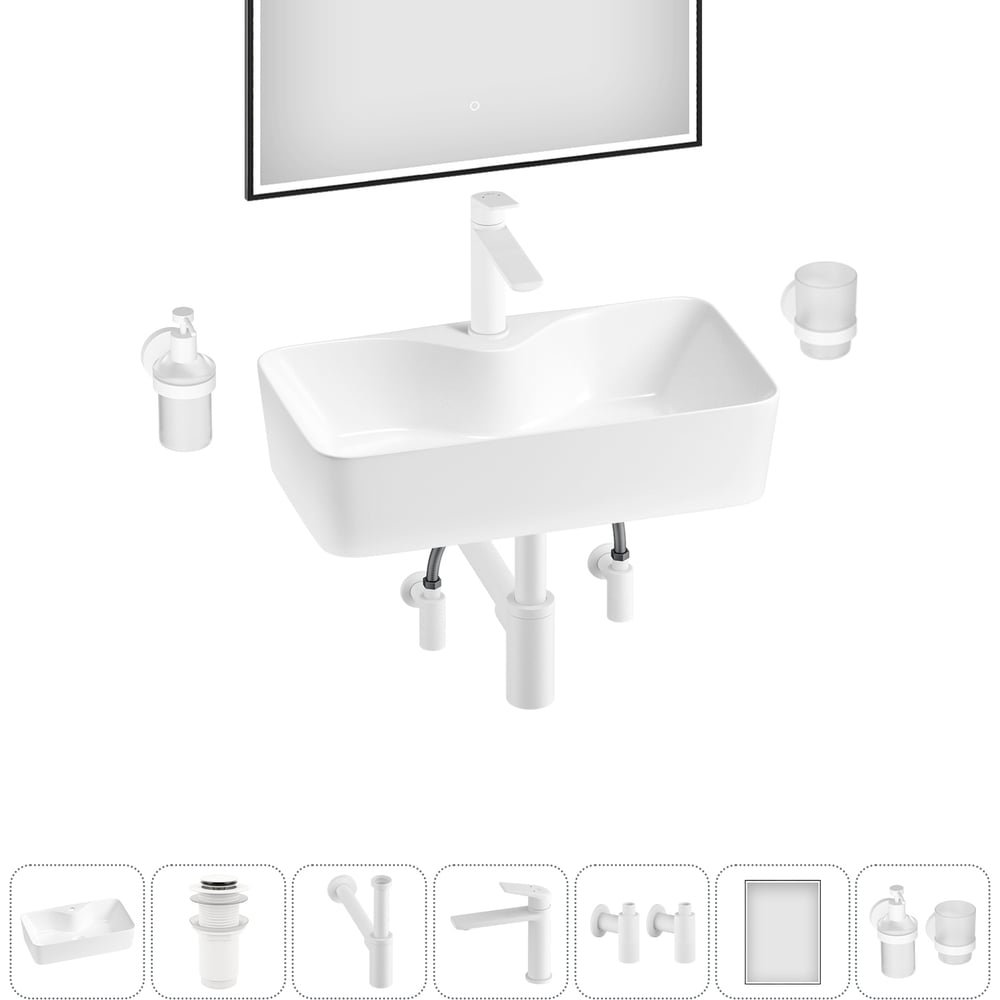 Изображение товара Комплект накладной умывальник Wellsee 7 в 1 Lavinia Boho белый 54x30 см