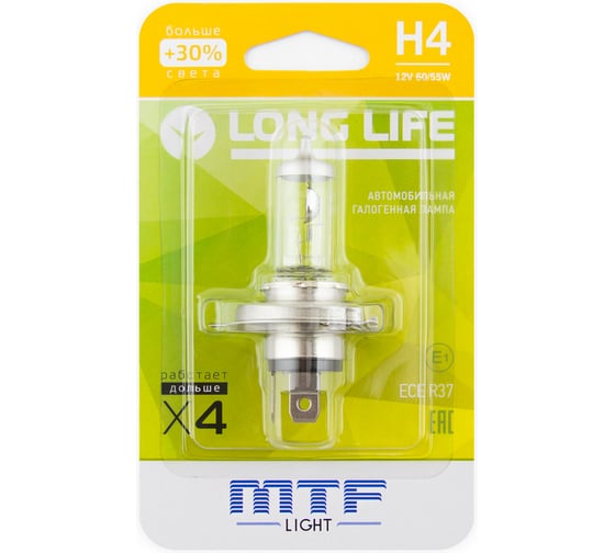Изображение товара Галогенная лампа автомобильная H4 12V 60/55W LONG LIFE x4 блистер MTF Light HLL1204b