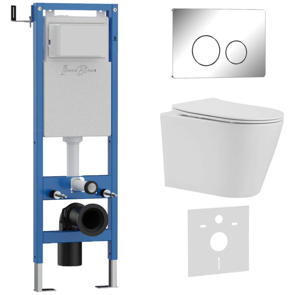 Изображение товара Комплект 3 в 1 IBERICA BLANCA инсталляция 40 см, унитаз безободковый белый BURGOS ALTO (IB.BRA.231.1B1), клавиша см IB.001M.BRA.231.8131