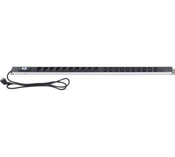 Изображение товара Блок распределения питания REXANT для 19 шкафов, верт, 10 розеток СЕЕ 7/4, 10 розеток C13, 16А, автомат защиты, алюм корп, шнур 2м, вилка СЕЕ 7/7 04-0202-2