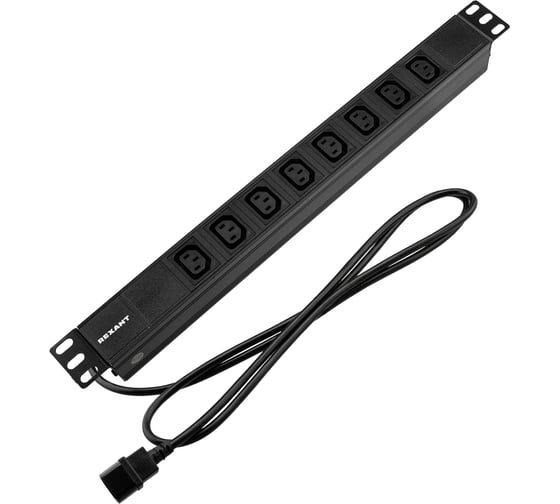 Изображение товара Блок распределения питания REXANT для 19 шкафов, горизонтальный, 8 розеток C13, 10A, без выкл, алюм корп, шнур 2м, вилка C14 04-0304-1