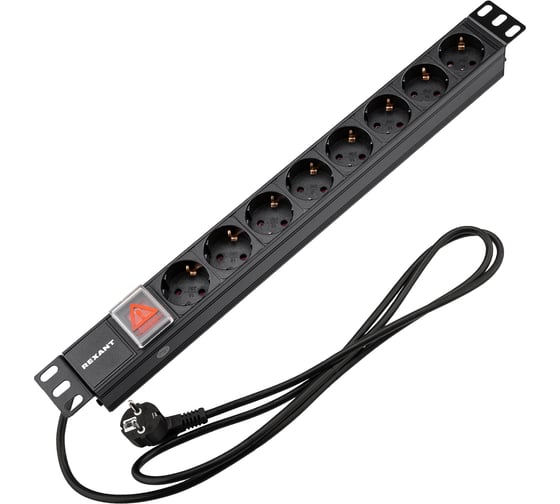 Изображение товара Блок распределения питания REXANT для 19 шкафов, горизонтальный, 8 розеток СЕЕ 7/4, 16A, выкл, алюм корп, шнур 2м, вилка СЕЕ 7/7 04-0104-1