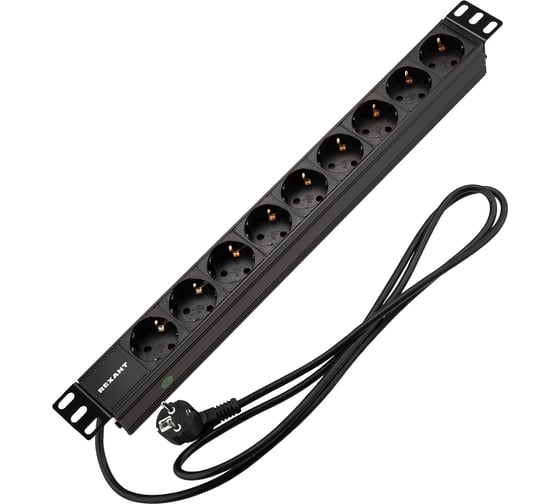 Изображение товара Блок распределения питания REXANT для 19 шкафов, горизонтальный, 9 розеток СЕЕ 7/4, 16A, без выкл, алюм корп, шнур 2м, вилка СЕЕ 7/7 04-0105-1