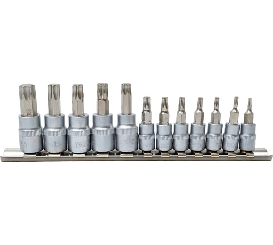 Изображение товара Набор головок-бит YATO TORX 1/4" Т8-Т30 3/8" Т40-Т55 12 предметов на металлической планке YT-04331 371404331 092 1