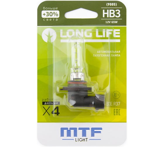 Изображение товара Галогенная лампа автомобильная MTF Light HB3 9005 12V 65W LONG LIFE x4 блистер HLL12B3b