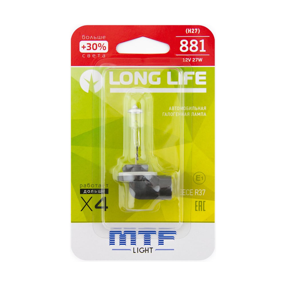 Изображение товара Галогенная лампа автомобильная MTF Light H27 12V 881 27W LONG LIFE x4 блистер HLL1281b
