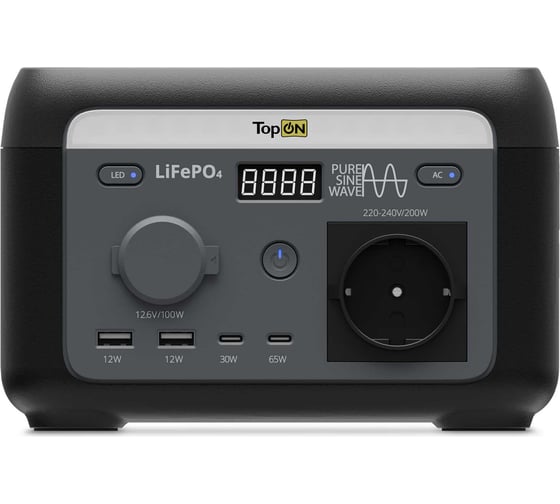 Изображение товара Портативная электростанция TopOn LFP 200 Вт, розетка 220 В, авторозетка 12.6 В, 2 Type-C, 2 USB, фонарь, EPS TOP-H200