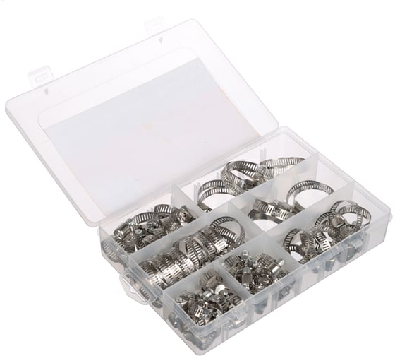 Изображение товара Набор червячных хомутов СоюзКран сквозная просечка, от 8 до 38 мм, нерж. сталь, 64 шт 565-125