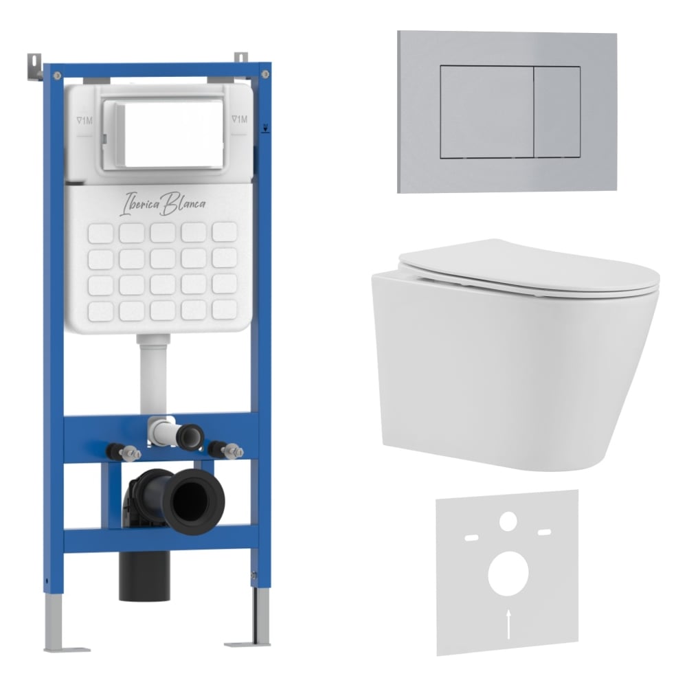 Изображение товара Комплект 3 в 1 IBERICA BLANCA инсталляция, унитаз безободковый белый BURGOS ALTO (IB.BRA.231.1B1), клавиша смыва хр IB001.BRA.231.853