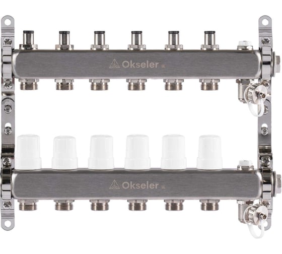 Изображение товара Блок коллекторный OKSELER  с регулировочными клапанами, c дренажным краном и краном Маевского, 6 вых.,1x3/4EK Oks00305