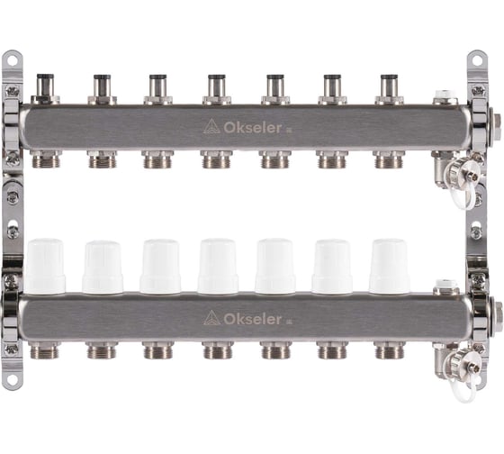 Изображение товара Блок коллекторный OKSELER  с регулировочными клапанами, c дренажным краном и краном Маевского, 7 вых.,1x3/4EK Oks00306