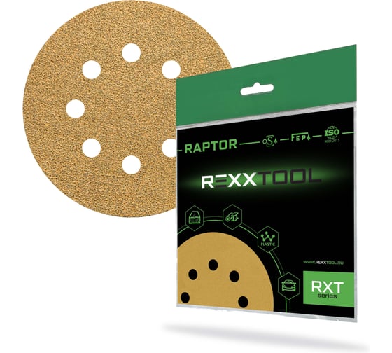 Изображение товара Шлифовальный круг абразивный на липучке REXXTOOL RAPTOR 125мм, 8 отв., 10 штук, P60 RXT-RAPTOR-125-8-60
