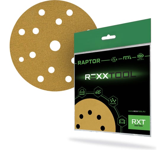 Изображение товара Шлифовальный круг абразивный на липучке REXXTOOL RAPTOR 150мм, 15 отв., 10 штук, P180 RXT-RAPTOR-150-15-180