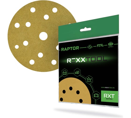 Изображение товара Шлифовальный круг абразивный на липучке REXXTOOL RAPTOR 150мм, 15 отв., 10 штук, P280 RXT-RAPTOR-150-15-280