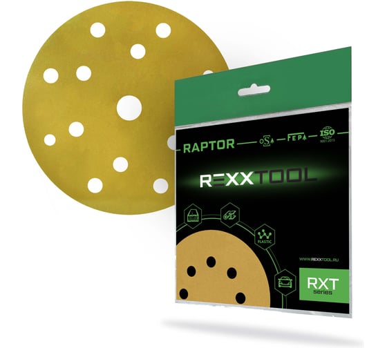 Изображение товара Шлифовальный круг абразивный на липучке REXXTOOL RAPTOR 150мм, 15 отв., 10 штук, P500 RXT-RAPTOR-150-15-500