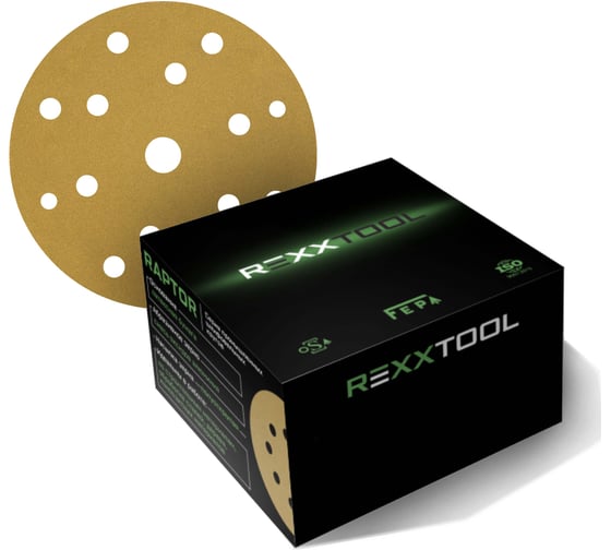 Изображение товара Шлифовальный круг абразивный на липучке REXXTOOL RAPTOR 150мм, 15 отв., 50 штук, P240 RXT-RAPTOR-50-150-15-240