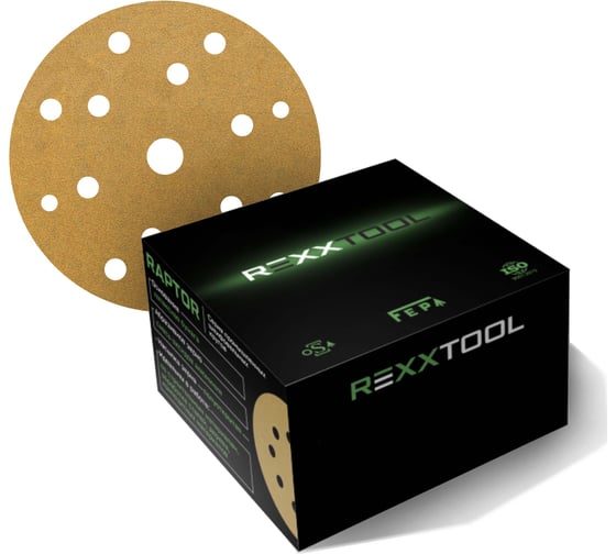 Изображение товара Шлифовальный круг абразивный на липучке REXXTOOL RAPTOR 150мм, 15 отв., 50 штук, P150 RXT-RAPTOR-50-150-15-150