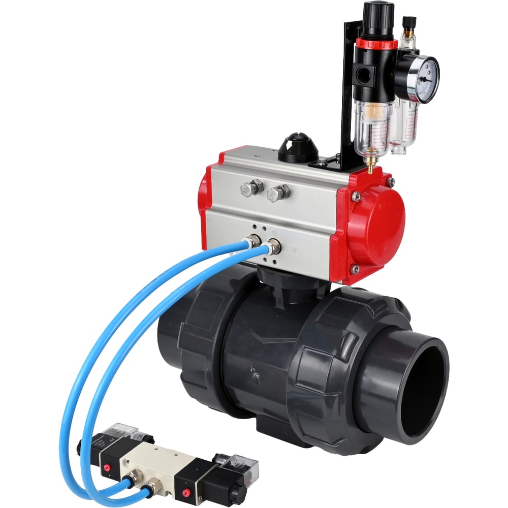 Изображение товара Кран шаровой DN.ru НПВХ-НПВХ-E-FP-GRM-ISO Дн20 Ру10 с пневмоприводом