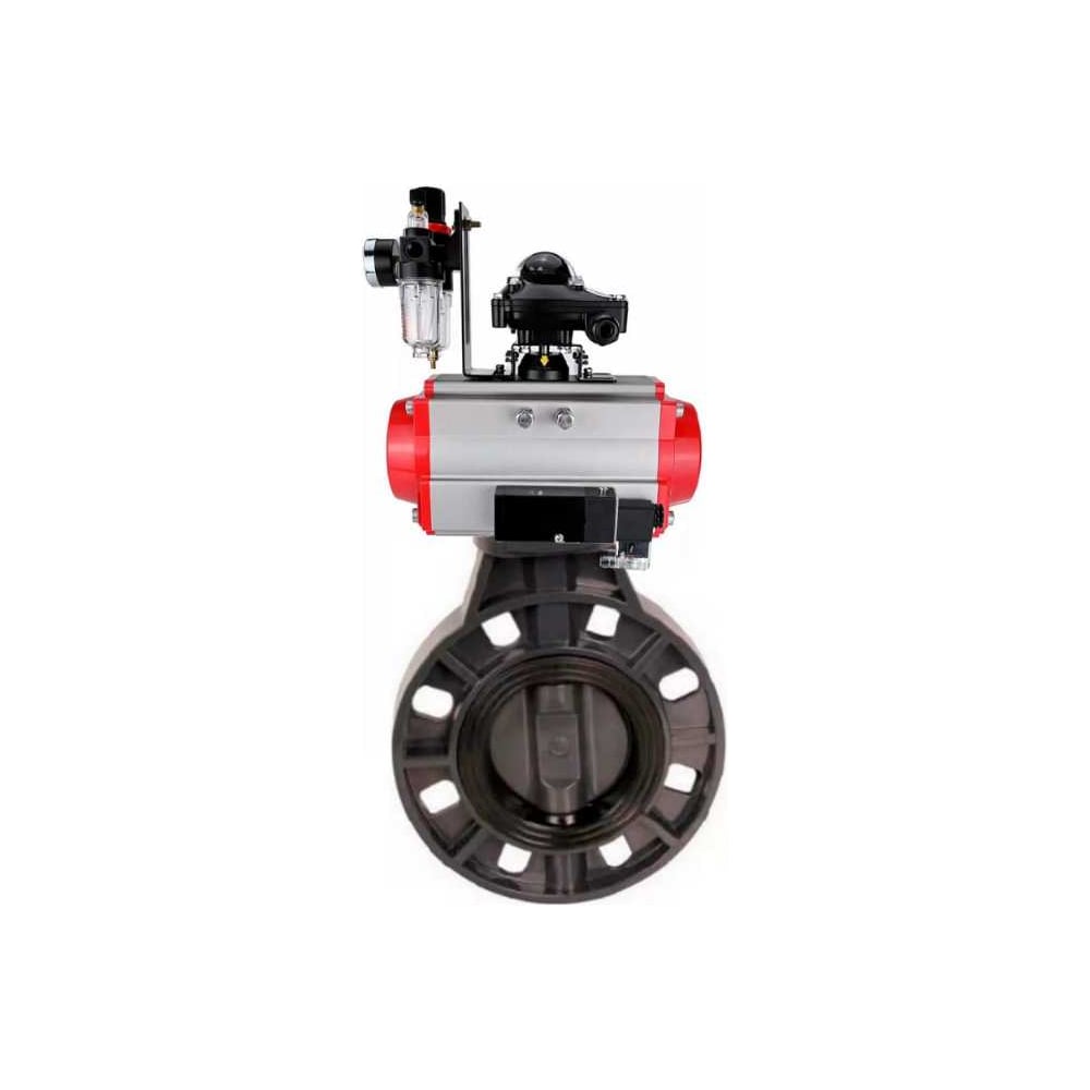 Изображение товара Затвор DN.ru НПВХ-НПВХ-E-2W-Fb-ISO для промышленности, пневмопривод, диаметр 200 мм