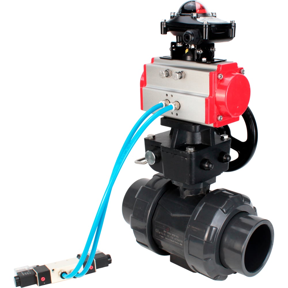 Изображение товара Кран шаровой НПВХ Ду80 с пневмоприводом и ручным дублером D160