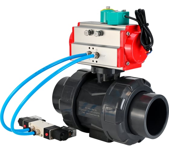 Изображение товара Кран шаровой НПВХ-НПВХ-E-FP-GRM-ISO Ду40 Ру10 DN.ru с пневмоприводом, пневмораспределителем, магнитным переключателем D160-66780