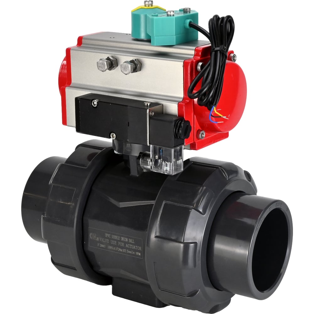 Изображение товара Кран шаровой НПВХ-НПВХ-E-FP-GRM-ISO Ду40 Ру10 DN.ru с пневмоприводом, пневмораспределителем, магнитным переключателем D160-66501 Изображение товара Кран шаровой НПВХ-НПВХ-E-FP-GRM-ISO Ду40 Ру10 DN.ru с пневмоприводом, пневмораспределителем, магнитным переключателем D160-66501