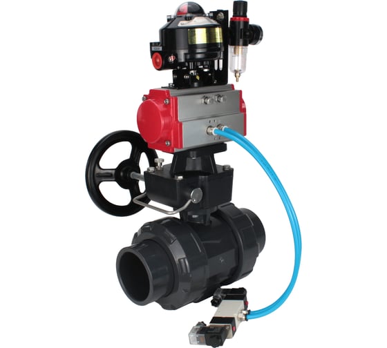 Изображение товара Кран шаровой НПВХ-НПВХ-E-FP-GRM-ISO Ду15 Ру10 DN.ru с пневмоприводом, пневмораспределителем, БПВ, БКВ, ручным дублером D160-67838