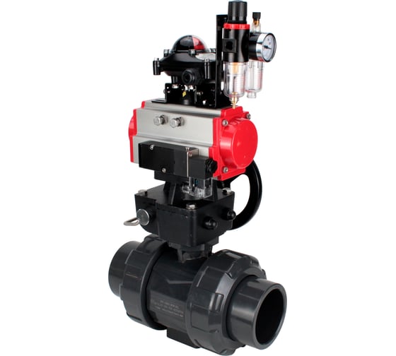 Изображение товара Кран шаровой НПВХ-НПВХ-E-FP-GRM-ISO Ду32 Ру10 DN.ru с пневмоприводом, пневмораспределителем, БПВ, БКВ, ручным дублером D160-67724