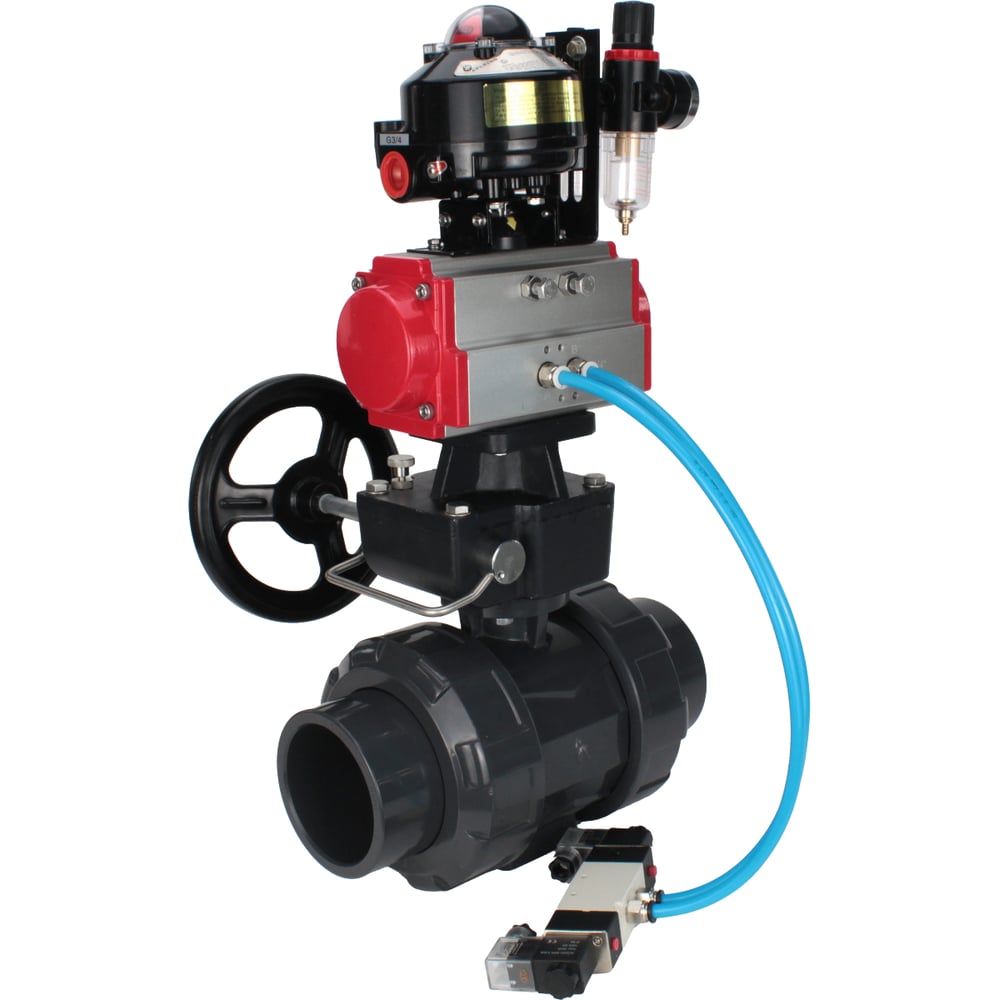 Изображение товара Кран шаровой НПВХ Ду100 Ру10 с пневмоприводом и пневмораспределителем