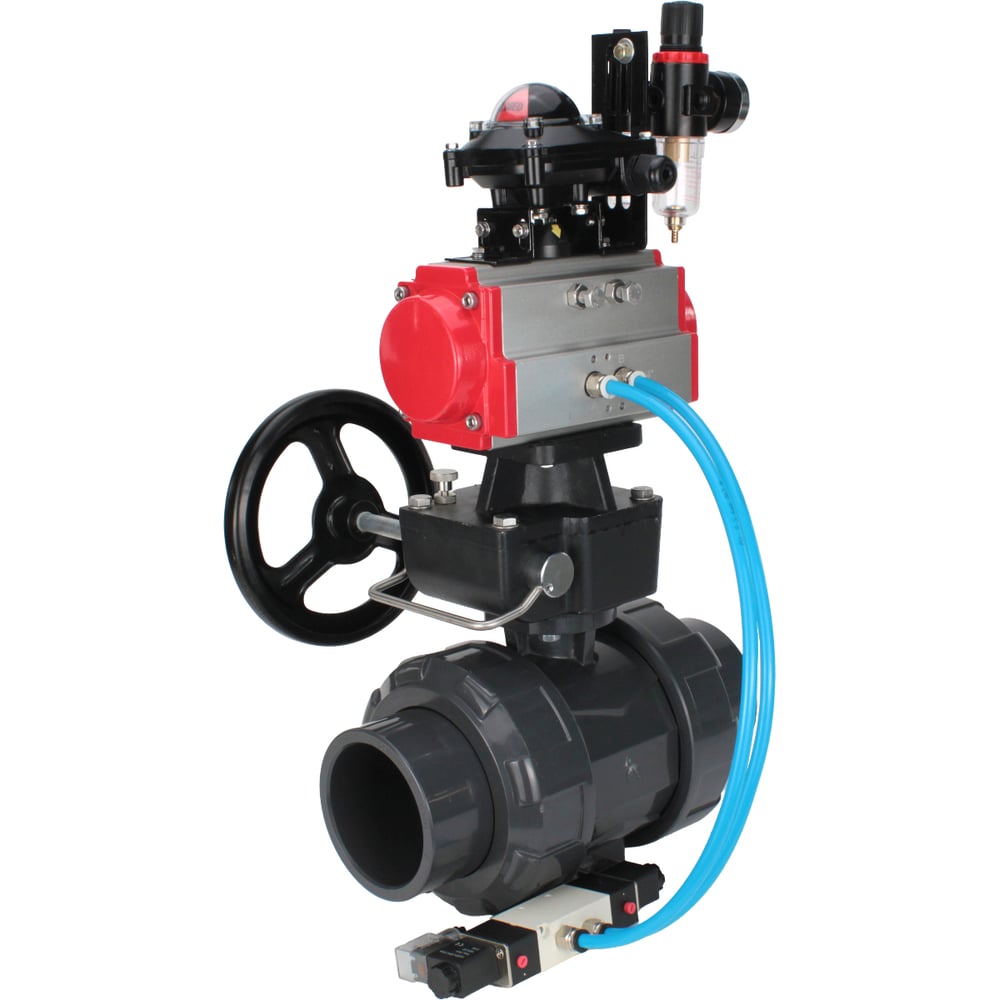 Изображение товара Кран шаровой НПВХ-НПВХ-D160-67803 Ду20 с пневмоприводом и пневмораспределителем