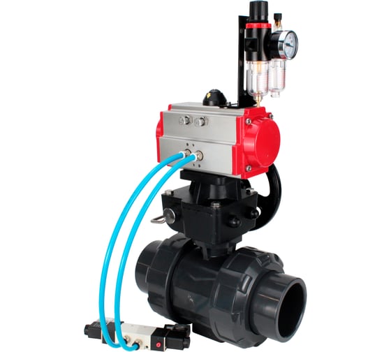 Изображение товара Кран шаровой НПВХ-НПВХ-E-FP-GRM-ISO Ду32 Ру10 DN.ru с пневмоприводом, пневмораспределителем, БПВ, ручным дублером D160-67787