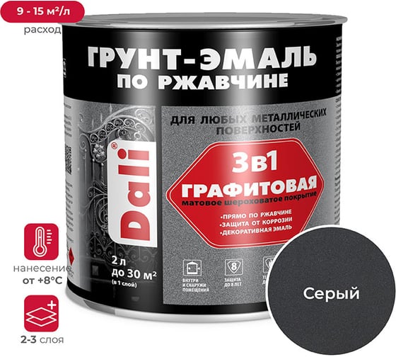 Изображение товара Графитовая грунт-эмаль по ржавчине DALI 3 в 1 серая, 2 л 221468