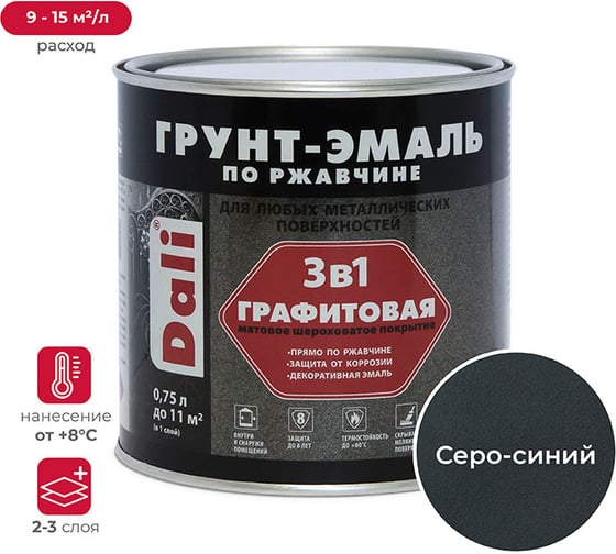 Изображение товара Грунт-эмаль по ржавчине DALI 3 в 1 Графитовая серо-синяя, 0.75 л 221453