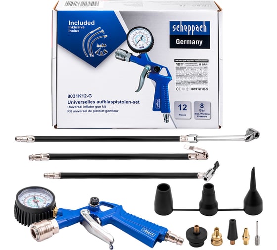 Изображение товара Пистолет для подкачки универсальный Scheppach набор 12 предметов Sch-8031K12-G(65738)