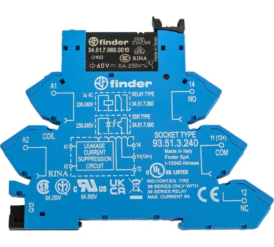 Изображение товара Интерфейсный модуль реле Finder, 1 CO конт. 6а 230-240в Ac, пруж. зажимы, 386132400060