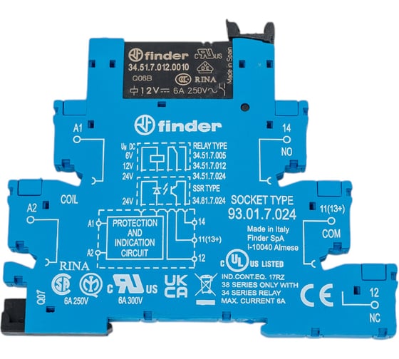 Изображение товара Интерфейсный модуль реле Finder, 1 CO конт. 6а = 12в чувст. пост. тока, винт. зажимы, 385170120050