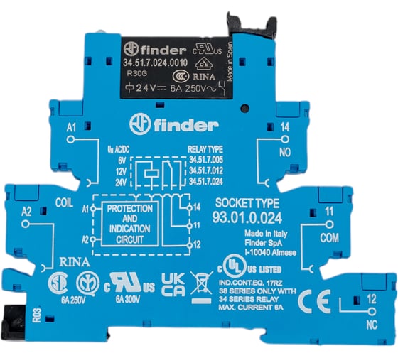 Изображение товара Интерфейсный модуль реле Finder, 1 CO конт. 6а /= 24в Ac/Dc, винт. зажимы, 385100240060
