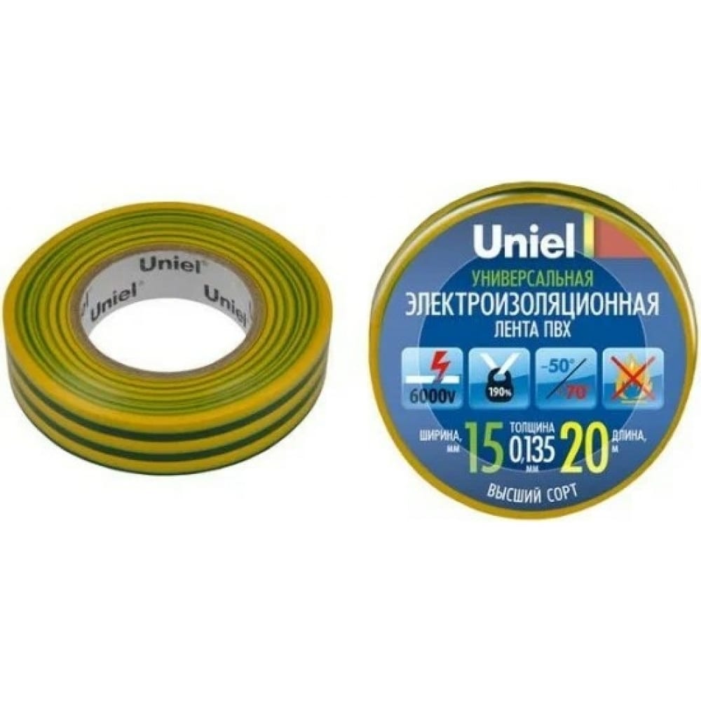 Изоляционная лента Uniel изолента пвх 15 мм желто зеленая 20 м uniel 4490