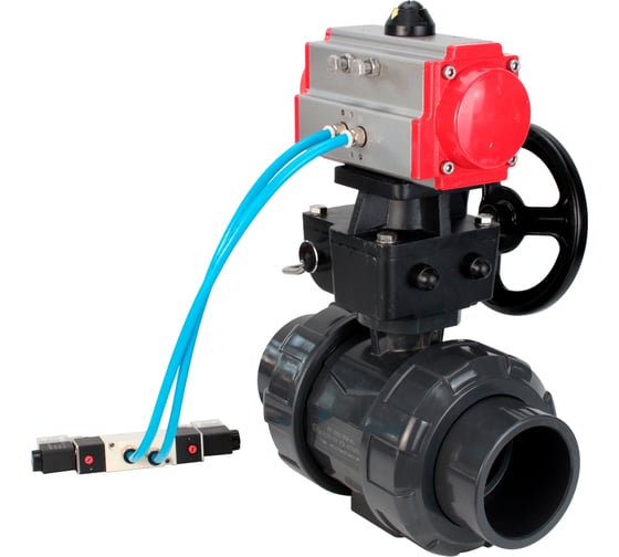 Изображение товара Кран шаровой НПВХ-НПВХ-E-FP-GRM-ISO Ду20 Ру10 DN.ru с пневмоприводом, пневмораспределителем, ручным дублером D160-67164