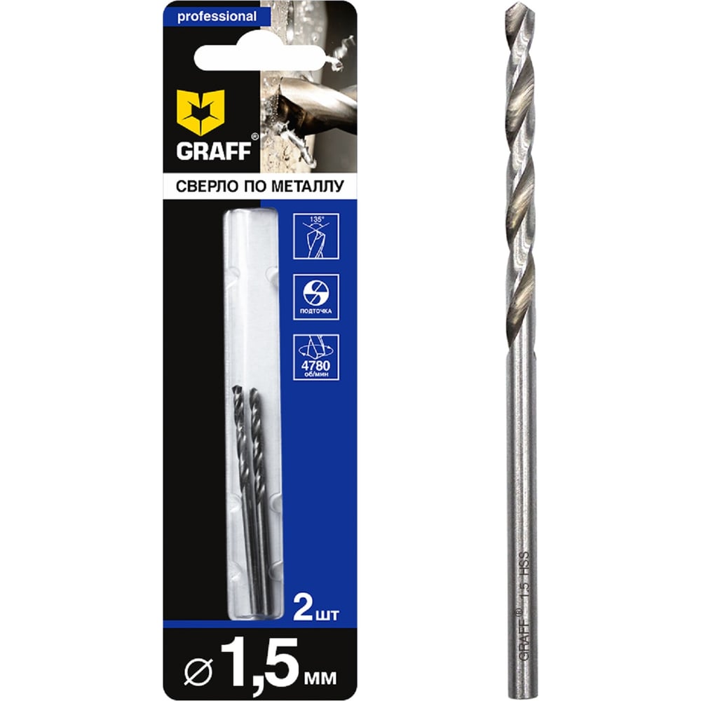 Изображение товара Сверло по металлу GRAFF 1.5 мм 2 шт в блистере