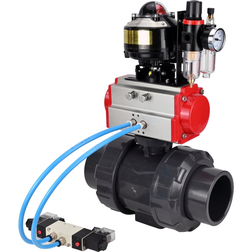 Изображение товара Кран шаровой НПВХ Ду32 с пневмоприводом и пневмораспределителем