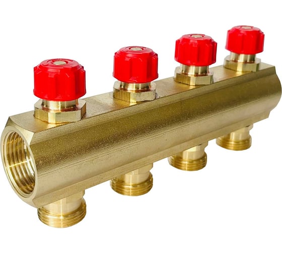 Изображение товара Коллектор латунный АПОГЕЙ КЛА 2504.050-4-ВКМ(К) DN25 ВР1 м/о 50 мм НР3/4ЕК с вентилями коллекторными с красным маховиком на 4 выхода 410416