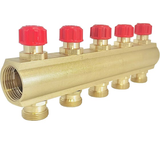 Изображение товара Коллектор латунный АПОГЕЙ КЛА 2505.050-4-ВКМ(К) DN25 ВР1 м/о 50 мм НР3/4ЕК с вентилями коллекторными с красным маховиком на 5 выходов 410417