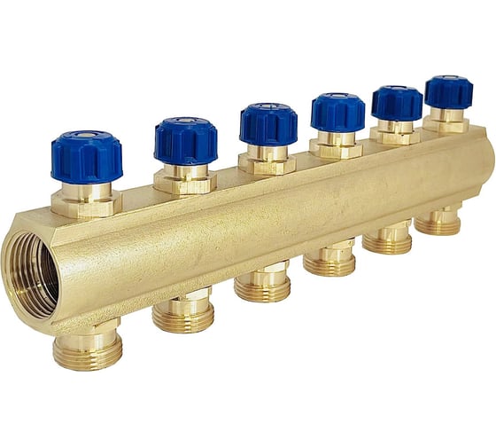 Изображение товара Коллектор латунный АПОГЕЙ КЛА 2506.050-4-ВКМ(С) DN25 ВР1 м/о 50 мм НР3/4ЕК с вентилями коллекторными с синим маховиком на 6 выходов 410430